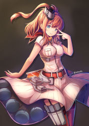 Rule 34 | 10s, 1girl, anchor, belt, belt buckle, blouse, blue eyes, breast pocket, breasts, brown hair, buckle, dress, drum magazine, funnel, garter straps, grey background, hair between eyes, kantai collection, kelinch1, large breasts, long hair, looking at viewer, machinery, magazine (weapon), neckerchief, pocket, pointing, pointing at self, ponytail, red belt, red neckerchief, red thighhighs, saratoga (kancolle), shirt, short sleeves, side ponytail, simple background, smokestack, solo, thighhighs, turret, twitter username, v, white dress, white shirt