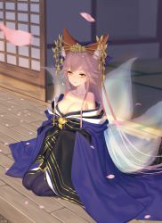 Rule 34 | 1girl, animal ears, bell, black thighhighs, breasts, cleavage, collarbone, fate/grand order, fate (series), fox ears, fox tail, hair ribbon, highres, hoshi o mite, japanese clothes, large breasts, long hair, looking at viewer, multiple tails, off shoulder, official alternate costume, outdoors, petals, pink hair, ribbon, seiza, sitting, solo, tail, tamamo (fate), tamamo no mae (fate/extra), tamamo no mae (third ascension) (fate), thighhighs, very long hair, yellow eyes