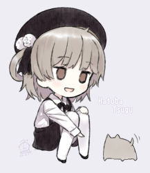 Rule 34 | 1girl, :d, animal, bad id, bad pixiv id, beret, black bow, black footwear, black hat, black ribbon, black skirt, bow, brown eyes, brown hair, capriccio, character name, chibi, collared shirt, commentary request, dated, dog, flower, full body, grey background, hair flower, hair ornament, hair ribbon, hair rings, hat, hatoba tsugu, long sleeves, open mouth, pantyhose, ribbon, rose, shirt, shoes, signature, simple background, skirt, smile, solo, squatting, suspender skirt, suspenders, tsugu (vtuber), virtual youtuber, white flower, white pantyhose, white rose, white shirt