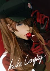 Rule 34 | 1girl, absurdres, blue eyes, bodysuit, bodysuit under clothes, brown hair, candy, character name, dutch angle, eyepatch, food, hand on headwear, hat, highres, limart, lollipop, long hair, looking at viewer, neon genesis evangelion, pilot suit, red bodysuit, solo, souryuu asuka langley, upper body