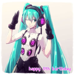 Rule 34 | 1girl, alternate costume, aqua eyes, gloves, gradient background, hatsune miku, headphones, highres, persona, persona 4: dancing all night, persona dancing, solo, tda, twintails, vocaloid