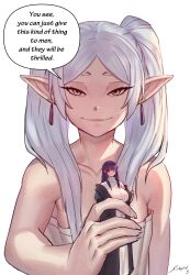 Rule 34 | 1girl, absurdres, doll, earrings, fern (sousou no frieren), frieren, grey hair, highres, jewelry, looking at viewer, meme, parted bangs, pointy ears, rattlepool, shadow, simple background, smile, solo, sousou no frieren, speech bubble, twintails, upper body, white background, you can just give this kind of thing to men and they will be thrilled (meme)