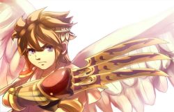 Rule 34 | 1boy, angel, blue eyes, brown hair, claws, image sample, kid icarus, male focus, minake, nintendo, pit (kid icarus), pixiv sample, resized, short hair, simple background, solo, weapon, white theme, wings, wreath