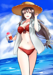 Rule 34 | 10s, 1girl, akagi (kancolle), bikini, breasts, brown hair, chaigidhiell, cleavage, cloud, collarbone, day, food, hat, kantai collection, large breasts, long hair, low-tied long hair, navel, open clothes, open shirt, red bikini, shaved ice, shirt, solo, sun hat, swimsuit, water, yellow eyes