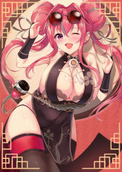 Rule 34 | 1girl, ;d, armpit crease, azur lane, bare shoulders, black dress, black thighhighs, blush, bra, bra peek, braid, braided bun, breasts, bremerton (azur lane), bremerton (kung fu cruiser) (azur lane), bridal gauntlets, brown bra, china dress, chinese clothes, cleavage, collarbone, commentary, covered navel, cowboy shot, crossed bangs, double bun, dress, drop shadow, ear piercing, eyewear on head, grey hair, groin, hair between eyes, hair bun, hair intakes, hair ornament, hair ribbon, hands up, highres, itaba atsushi, large breasts, leaning forward, long hair, looking at viewer, mole, mole on breast, mole under eye, multicolored hair, official alternate costume, one eye closed, open mouth, panty straps, pelvic curtain, piercing, pink eyes, pink hair, revision, ribbon, round eyewear, shadow, sidelocks, skindentation, sleeveless, sleeveless dress, smile, solo, standing, strapless, strapless bra, streaked hair, sunglasses, tassel, thighhighs, tinted eyewear, two-tone hair, underwear