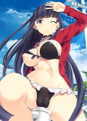 Rule 34 | 1girl, ;(, bad anatomy, bikini, bikini under clothes, black bikini, black hair, blue eyes, blue sky, blunt bangs, blush, breasts, breasts out, cameltoe, choker, cleft of venus, cloud, cloudy sky, covered erect nipples, cross, day, fat mons, fate/grand order, fate (series), fingernails, frills, front-tie top, groin, hand up, homu (seven deadly sins), jacket, jewelry, large breasts, long hair, long sleeves, looking at viewer, martha (fate), martha (swimsuit ruler) (fate), martha (swimsuit ruler) (second ascension) (fate), navel, nipples, one breast out, one eye closed, open clothes, open jacket, palm tree, palms, pendant, red jacket, road sign, shading eyes, sign, sky, solo, stomach, strap gap, swimsuit, tree, very long hair