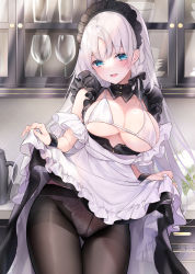 Rule 34 | 1girl, :d, apron, black dress, black pantyhose, blue eyes, bra, breasts, commentary request, cup, dress, drinking glass, frilled apron, frills, hair between eyes, highres, indoors, large breasts, long hair, looking at viewer, maid, maid apron, mole, mole on breast, open mouth, original, panties, panties under pantyhose, pantyhose, smile, solo, thighband pantyhose, underwear, very long hair, white apron, white bra, white hair, white panties, wine glass, yukimiya yuge