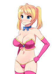 Rule 34 | 1girl, ahoge, bad id, bad pixiv id, blonde hair, blue bow, blue bowtie, blue choker, blue eyes, blush, bow, bowtie, bra, breasts, choker, closed mouth, contrapposto, cowboy shot, elbow gloves, gloves, hand on own hip, large breasts, navel, original, panties, pink bra, pink gloves, pink panties, short hair, simple background, smile, solo, standing, totokichi, twintails, underwear, white background