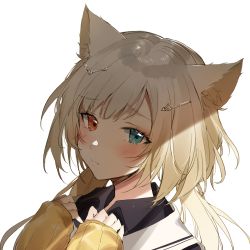Rule 34 | 1girl, animal ears, aqua eyes, arknights, black shirt, blonde hair, blush, cat ears, chinese clothes, closed mouth, glint, hair ornament, hairclip, hands on own chest, heterochromia, light, long hair, looking at viewer, meng ziya, nightmare (arknights), red eyes, ribbed sweater, sailor collar, shade, shirt, simple background, sleeves past wrists, solo, sweater, twintails, upper body, white background, yellow sweater