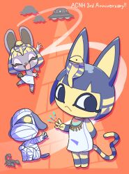 Rule 34 | 1boy, 2girls, :&lt;, :d, ^ ^, animal crossing, ankha (animal crossing), anniversary, arm behind back, arm up, bandages, black hair, blonde hair, blunt bangs, blush, blush stickers, bonbon (animal crossing), cat girl, closed eyes, closed mouth, commentary request, dog boy, dress, egyptian clothes, expressionless, eyelashes, flying saucer, furry, furry female, furry male, hand up, highres, kopa nishikida, looking at viewer, lucky (animal crossing), multiple girls, nemes, nintendo, one eye covered, open mouth, orange background, pyramid (structure), rabbit girl, scorpion, short hair, simple background, sleeveless, sleeveless dress, smile, spacecraft, ufo, uraeus, usekh collar, white dress, yellow eyes