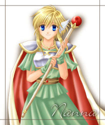 Rule 34 | 1girl, armor, blonde hair, blue eyes, breastplate, cape, character name, coat, dress, fire emblem, fire emblem: thracia 776, lowres, nanna (fire emblem), nintendo, okumi, shoulder pads, simple background, smile, staff, white background, wing hair ornament