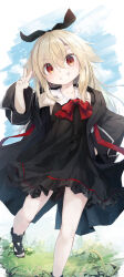 Rule 34 | 1girl, absurdres, bare shoulders, black dress, black jacket, black ribbon, blonde hair, blue sky, bow, commentary request, day, dress, grin, hair between eyes, hair ribbon, hand up, highres, jacket, long hair, long sleeves, looking at viewer, open clothes, open jacket, original, red bow, red eyes, ribbon, sky, sleeveless, sleeveless dress, smile, solo, standing, standing on one leg, utatanecocoa, v, wide sleeves