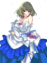 Rule 34 | 10s, 1girl, :d, bare shoulders, blue eyes, breasts, brown hair, detached sleeves, dress, earrings, fireflies, flower, frilled thighhighs, frills, green eyes, green hair, hand on own chest, heterochromia, highres, idolmaster, idolmaster cinderella girls, jewelry, matching hair/eyes, mole, mole under eye, necklace, open mouth, rose, short hair, showgirl skirt, smile, solo, strapless, strapless dress, takagaki kaede, tetsu (kimuchi), thighhighs, tiara, white thighhighs