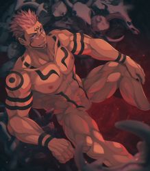 Rule 34 | 1boy, abs, absurdres, animal skull, arm tattoo, bara, black hair, black nails, blood, chest tattoo, completely nude, crow (siranui), extra eyes, facial mark, facial tattoo, feet out of frame, forehead tattoo, from above, highres, huge filesize, jujutsu kaisen, large pectorals, looking at viewer, male focus, muscular, muscular male, nail polish, navel, nipples, nude, pectorals, pink hair, pool of blood, pubic tattoo, red eyes, ryoumen sukuna (jujutsu kaisen), short hair, shoulder tattoo, sideburns, smile, solo, spiked hair, spread legs, stomach, tattoo, thick thighs, thighs, undercut