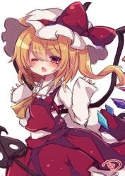 Rule 34 | 1girl, ascot, blonde hair, blush, bow, chestnut mouth, commentary request, crystal, flandre scarlet, hair between eyes, hands up, hat, hat bow, highres, long hair, long sleeves, looking at viewer, mob cap, muuran, one eye closed, one side up, open mouth, red bow, red eyes, red skirt, red vest, shirt, signature, simple background, skirt, skirt set, sleeves past wrists, solo, touhou, very long hair, vest, white background, white hat, white shirt, wings, yellow ascot
