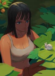 Rule 34 | 1girl, absurdres, black hair, blue eyes, breasts, brown gloves, commentary, english commentary, food, fruit, gloves, highres, large breasts, leaf, long hair, looking at another, mandarin orange, midriff, nature, navel, nico robin, one piece, smile, snail, taikolum, tank top, unfinished, white tank top