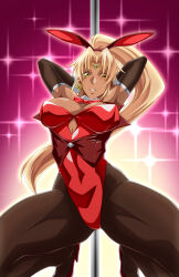 Rule 34 | 1girl, absurdres, akuron (acllon), animal ears, arm warmers, arms up, blonde hair, breasts, circlet, cleavage, covered navel, dark-skinned female, dark skin, fake animal ears, gradient background, high heels, high ponytail, highres, large breasts, leotard, long hair, looking at viewer, parted lips, playboy bunny, pole dancing, red footwear, red leotard, sasha (sennen sensou aigis), sennen sensou aigis, solo, sparkle, squatting, tan, very long hair, wrist cuffs, yellow eyes