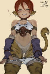 Rule 34 | 1girl, 2equal8, animal print, blue eyes, blue gloves, body fur, breasts, breath of fire, breath of fire ii, chinese zodiac, cleavage, commentary request, covered erect nipples, cow print, detached sleeves, facial mark, fingerless gloves, gloves, hair between eyes, highres, looking at viewer, medium breasts, naughty face, navel, new year, panties, panty pull, pussy, red hair, rinpoo chuan, short hair, simple background, smile, solo, tiger print, underwear, white panties, year of the tiger, yellow background