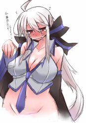 Rule 34 | 1girl, ahoge, bare shoulders, blush, bottomless, breasts, cleavage, detached sleeves, female focus, glass, groin, hair ornament, hair ribbon, large breasts, long hair, navel, necktie, niwakaame (amayadori), open mouth, red eyes, ribbon, shirt, simple background, sketch, solo, standing, tears, translation request, very long hair, vocaloid, white background, white hair, yowane haku