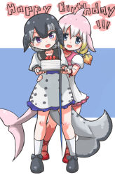 Rule 34 | birthday cake, black footwear, blonde hair, blowhole, blue eyes, blush, cake, cetacean tail, chinese white dolphin (kemono friends), commentary request, dolphin girl, dorsal fin, dress, fins, fish tail, flats, food, frilled dress, frills, grey eyes, grey hair, hane (kirschbaum), happy birthday, highres, kemono friends, multicolored hair, narwhal (kemono friends), orange hair, puffy short sleeves, puffy sleeves, red footwear, sailor collar, sailor dress, short hair, short hair with long locks, short sleeves, short twintails, sidelocks, smile, socks, tail, twintails, white hair, white legwear