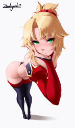 Rule 34 | 1girl, :3, ass, bare shoulders, blonde hair, detached sleeves, fate/grand order, fate (series), foreshortening, g-string, green eyes, hand on own face, highres, leaning forward, long hair, looking at viewer, mordred (fate), ponytail, red scrunchie, scrunchie, simple background, solo, thighhighs, thong, white background, zealyush