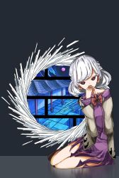 Rule 34 | 1girl, architecture, bad id, bad pixiv id, bare legs, black sclera, bow, bowtie, braid, collared shirt, colored sclera, covering own mouth, east asian architecture, feathered wings, full body, grey background, head tilt, highres, jacket, kishin sagume, looking at viewer, neruzou, purple shirt, purple skirt, red bow, red bowtie, red eyes, shirt, silver hair, single wing, sitting, skirt, skirt set, solo, touhou, two-tone background, white wings, wing collar, wings, yokozuwari