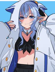 Rule 34 | 1girl, animal ears, black skirt, blue background, blue eyes, blue hair, blush, breasts, buttons, closed mouth, commentary, detached collar, dot nose, fake animal ears, fingernails, front-tie top, hair between eyes, hair over shoulder, hands up, highres, hololive, hood, hoodie, hoshimachi suisei, looking at viewer, luvluvvox, medium hair, nail polish, navel, one side up, pleated skirt, side ponytail, sidelocks, simple background, skirt, sleeves past wrists, small breasts, smile, solo, standing, upper body, virtual youtuber, white hoodie