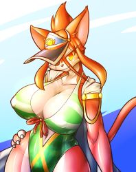Rule 34 | 1girl, artist request, cat, cat busters, eyepatch, furry, furry female, highres, hinozuki (cat busters), red hair, short hair, solo, swimsuit