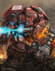 Rule 34 | arm cannon, assault visor, battletech, broken glass, charger (battletech), clenched hand, commentary, commission, eldoniousrex, english commentary, fighting, fire, firing, glass, highres, leaning forward, looking down, mecha, mecha request, no humans, punching, robot, science fiction, weapon