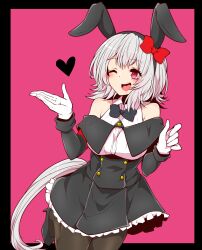 Rule 34 | 1girl, adapted costume, alternate animal ears, animal ears, bare shoulders, black border, black bow, black bowtie, black footwear, black hairband, black pantyhose, border, bow, bowtie, bright pupils, bunny day, buttons, commentary, cowboy shot, curren chan (umamusume), double-breasted, ear bow, ear covers, fake animal ears, frilled skirt, frills, gloves, grey hair, hairband, heart, high heels, highres, horse tail, knees out of frame, long sleeves, looking at viewer, medium hair, nontraditional playboy bunny, off-shoulder jacket, off shoulder, one eye closed, open mouth, outside border, pantyhose, pink background, pink eyes, rabbit ears, red bow, skirt, solo, tail, umamusume, white gloves, yonedatomo mizu