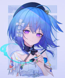 Rule 34 | 1girl, ahoge, black collar, blue beret, blue feathers, blue hair, collar, commentary, cropped arms, cropped torso, dress, english commentary, eun (eunice), feathers, griseo, griseo (starry impression), hair between eyes, hair ornament, hat feather, head tilt, holding, holding paintbrush, honkai (series), honkai impact 3rd, light smile, looking at viewer, medium hair, paint on fingers, paintbrush, purple eyes, purple pupils, solo, twitter username, upper body, white dress