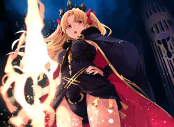 Rule 34 | 1girl, black leotard, black nails, blonde hair, bow, breasts, cage, cape, earrings, ereshkigal (fate), fate/grand order, fate (series), from below, fur-trimmed cape, fur trim, glowing, glowing weapon, gluteal fold, hair bow, hand on own hip, highres, holding, holding weapon, jewelry, leotard, light particles, long hair, nail polish, open mouth, parted bangs, pink eyes, red bow, red cape, small breasts, solo, tassel, tiara, toromera, two side up, v-shaped eyebrows, very long hair, weapon