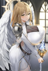 Rule 34 | 1girl, absurdres, angel, angel wings, armor, back cutout, belt, blonde hair, blurry, blush, breasts, center opening, chalice, church, cleavage, clothing cutout, commentary, cross, cup, dagger, depth of field, dress, english commentary, eyelashes, feathered wings, garter straps, hair between eyes, halo, highres, holding, holding cup, huge breasts, knife, large breasts, lillly, long hair, looking at viewer, original, pauldrons, shoulder armor, side slit, smile, solo, thighhighs, weapon, white dress, white thighhighs, wings, yellow eyes