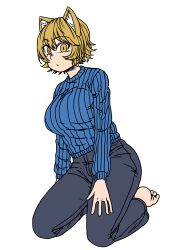 Rule 34 | 1girl, absurdres, animal ears, barefoot, black pants, blue sweater, breasts, chanta (ayatakaoisii), flat color, fox ears, highres, large breasts, long sleeves, looking at viewer, no tail, pants, simple background, solo, sweater, touhou, white background, yakumo ran, yellow eyes
