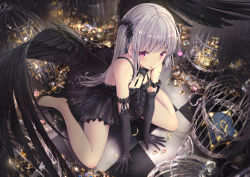 Rule 34 | 1girl, bare shoulders, barefoot, black dress, black gloves, black wings, checkered floor, closed mouth, commentary request, dress, elbow gloves, feathered wings, gloves, grey hair, highres, jewelry, long hair, looking at viewer, missile228, mouth hold, on floor, original, purple eyes, side ponytail, sitting, sleeveless, sleeveless dress, smile, solo, very long hair, wariza, wings
