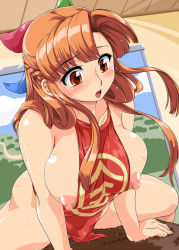 Rule 34 | 1girl, 95-tan, between breasts, breasts, brown eyes, brown hair, chinese clothes, dudou, female focus, large breasts, long hair, naked tabard, nipples, open mouth, os-tan, sideboob, solo, sweat, tabard, toushi ryoku