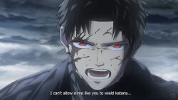 Rule 34 | 1boy, artist name, black hair, blood, blood on face, close-up, cloud, cloudy sky, commentary, cross scar, english commentary, english text, facial scar, fake screenshot, furrowed brow, highres, instagram logo, kagurabachi, looking at viewer, male focus, open mouth, red eyes, rokuhira chihiro, scar, scar on cheek, scar on face, shiredora, short hair, sky, solo, subtitled, watermark