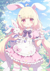 Rule 34 | 1girl, :o, animal ears, blonde hair, commission, cowboy shot, dress, highres, low twintails, original, outdoors, pink dress, rabbit ears, rabbit girl, red eyes, skeb commission, smile, striped clothes, striped thighhighs, stuffed animal, stuffed toy, thighhighs, twintails, tyakomes