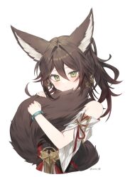 Rule 34 | 1girl, animal ears, bare shoulders, blush, bracelet, buchu14569590, commentary request, detached sleeves, dot nose, fox ears, fox girl, fox tail, frown, green bracelet, green eyes, hair between eyes, hair intakes, highres, honkai: star rail, honkai (series), hugging own tail, hugging tail, jade (gemstone), jewelry, korean commentary, large ears, large tail, looking at viewer, medium hair, red ribbon, ribbon, tail, tingyun (honkai: star rail), twitter username, upper body, white background, white sleeves