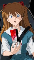 Rule 34 | 1girl, artist request, blue eyes, breasts, cellphone, hair ornament, highres, holding, holding cellphone, holding phone, long hair, neon genesis evangelion, official art, orange hair, phone, school uniform, shiny skin, sitting, solo, souryuu asuka langley, twintails