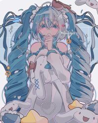 Rule 34 | 1girl, 3others, aqua eyes, aqua hair, artist name, blue eyes, blue hair, bow, character doll, cinnamiku, cinnamoroll, detached sleeves, doll, dress, grid background, hair between eyes, hair ornament, hairclip, hand in mouth, hand up, hatsune miku, heart, highres, hug, long hair, looking at viewer, mausuya, multiple others, ponytail, ribbon, sanrio, sleeveless, solo, solo focus, star (symbol), tea, twintails, upper body, very long hair, vocaloid, white dress