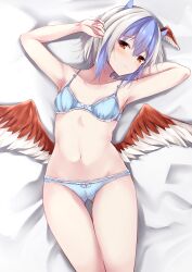 Rule 34 | 1girl, arm behind head, arm up, armpits, bare arms, bare shoulders, bed sheet, blue bra, blue hair, blue panties, bow, bow bra, bow panties, bra, breasts, closed mouth, collarbone, commentary request, grey hair, hair between eyes, hand up, head wings, highres, horns, kashiwagi yamine, looking at viewer, low wings, lying, multicolored hair, navel, on back, panties, red eyes, red wings, small breasts, solo, tokiko (touhou), touhou, two-tone hair, underwear, underwear only, white wings, wings
