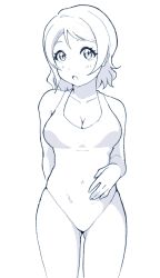 Rule 34 | 1girl, breasts, cleavage, collarbone, highres, looking at viewer, love live!, love live! sunshine!!, monochrome, open mouth, short hair, standing, stepen, swimsuit, watanabe you, white background