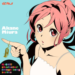 Rule 34 | 1girl, album cover, blue background, cover, euphonium, instrument, jewelry, k-on!, kusaji, looking at viewer, md5 mismatch, miura akane, parody, pink hair, ponytail, simple background, solo