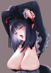 Rule 34 | 1girl, apron, arms up, black dress, black nails, blush, breasts, brown background, choker, cleavage, cosplay, dress, eyelashes, fingernails, flower, frilled choker, frilled dress, frills, gothic lolita, hair flower, hair ornament, highres, huge breasts, kitagawa marin, kuroe shizuku, kuroe shizuku (cosplay), lolita fashion, long sleeves, nail polish, open mouth, purple hair, rose, saliva, short hair, simple background, sono bisque doll wa koi wo suru, sweat, tongue, tongue out, wakaba (945599620), wig