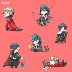 Rule 34 | 1boy, 2girls, black hair, blue eyes, blue hair, book, byleth (female) (fire emblem), byleth (fire emblem), cape, cat, chair, closed eyes, closed mouth, edelgard von hresvelg, fire emblem, fire emblem: three houses, fish, fishing rod, gloves, headpiece, holding, holding book, horns, hubert von vestra, lying, medium hair, multiple girls, nintendo, on stomach, open book, purple eyes, red background, red cape, robaco, short hair, simple background, sitting, squatting, white gloves, white hair