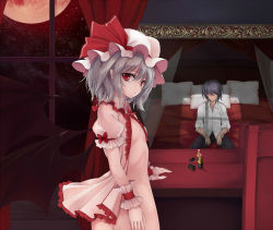 Rule 34 | 1boy, 1girl, bat wings, bed, cosmetics, faceless, faceless male, full moon, hat, lipstick tube, looking at viewer, mirror, moon, pillow, pointy ears, red eyes, red moon, remilia scarlet, short hair, silver hair, touhou, utakata (kochou no yume), window, wings, wrist cuffs
