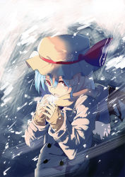 Rule 34 | 1girl, cold, hat, jacket, mieharu, red eyes, remilia scarlet, scarf, short hair, sleeves past wrists, snow, solo, touhou, wind