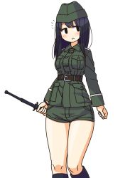 Rule 34 | 1girl, baton, baton (weapon), belt, belt buckle, black eyes, black hair, blush, breast pocket, brown belt, buckle, buttons, closed mouth, expandable baton, frown, green hat, green shorts, hat, holding, holding weapon, long sleeves, maruput, military, military uniform, no nose, original, pocket, short shorts, shorts, simple background, solo, straight hair, thigh gap, thighs, uniform, weapon, white background
