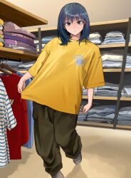 Rule 34 | 1girl, absurdres, baggy pants, blue hair, clothes, clothes shop, commentary, contrapposto, expressionless, full body, green pants, grey eyes, highres, indoors, looking at viewer, medium hair, mmmo3, original, oversized clothes, oversized shirt, pants, shirt, shirt hold, shop, solo, standing, straight-on, yellow shirt